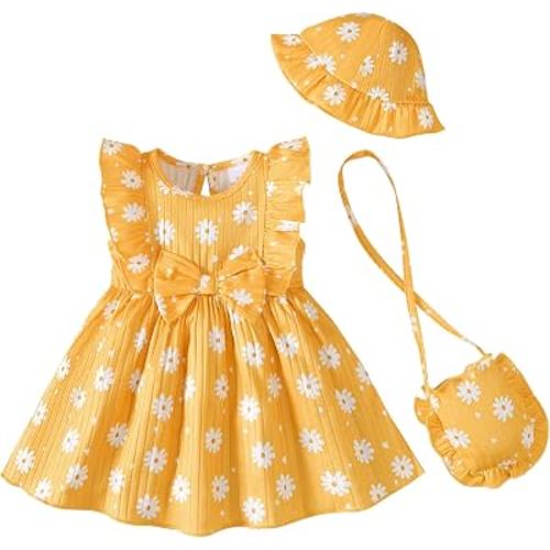 Renotemy Infant Baby Girl Dresses Toddler Girl Clothes Summer Cotton Linen Boho Smocked Sundress Gift for Girls with Hat