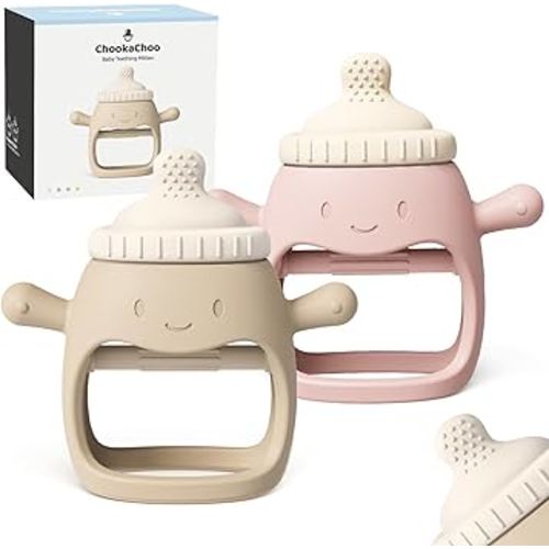 2Pack Baby Teething Toy for Over 3 Month, Food Grade Silicone Teething Mitten, Anti Dropping Wrist Hand Teethers Baby Chew Toys for Sucking Needs, BPA Free (Patent Pending) (Pink & Beige)