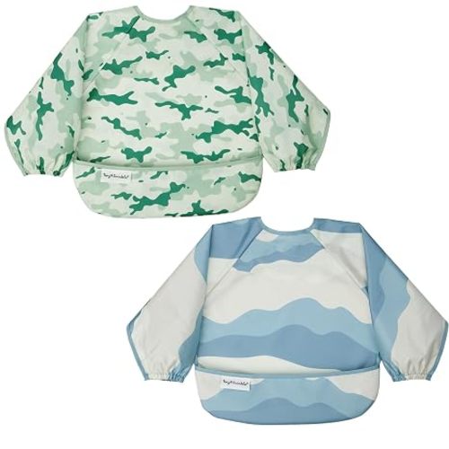 Tiny Twinkle Long Sleeve Bib for Babies&Toddlers|2-Pack Waterproof Smock Bib for Eating|Machine Washable&Mess-Proof Feeding Essentials|Newborn Shower Gift(Heritage Stripe,Gone Fishing,6-24M)