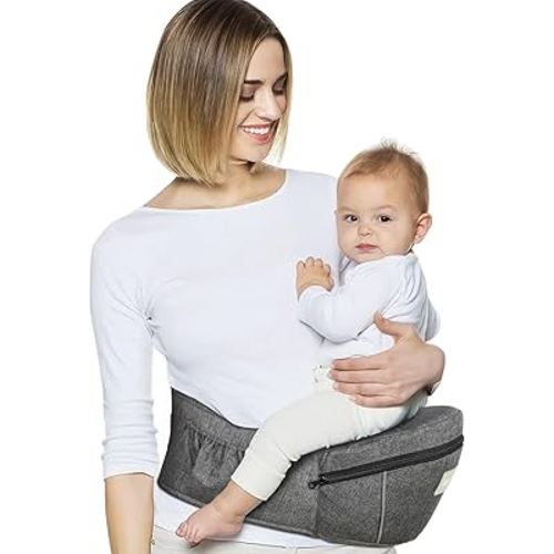 Baby Carrier with Hip Seat, Ergonomic Front Carrier for Newborns & Toddlers, Adjustable Waistband with Strong Support, Large Pocket Design, Grey