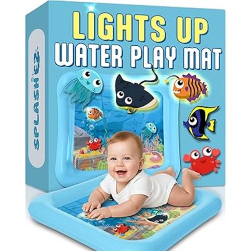 SplashEZ Lights Up Tummy Time Water Mat for Babies, Large Baby Water Mat Tummy Time for Sensory Play with LED Glowing Fishes, Inflatable Fun Play Pad for Infants & Toddlers 3 to 36 mo