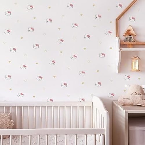 Hello Kitty Peel & Stick Wall Decals - 94 Peel and Stick Vinyl Stickers with Hearts - Removable Kids Room Decor for Bedroom, Nursery & Furniture
