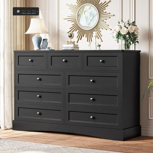 Hasuit Black Dresser for Bedroom with 9 Drawers, 51.2" Large Drawer Dresser with Charging Station, Wide Farmhouse Chest of Drawers, Wooden Storage Tower Organizer, Dressers for Bedroom Closet