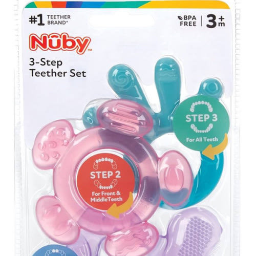Nuby 3 Step Soothing Teether 3 Piece Set- Front, Middle, Back Teeth Teething- Pink/Purple, 3 m+