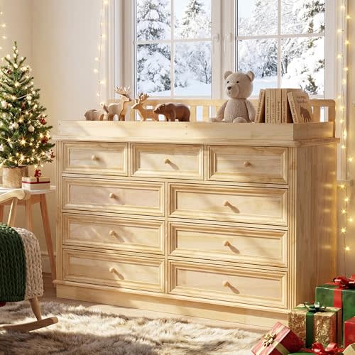 Homsee Baby Changing Table Dresser, 100% Solid Wood Infant Diaper Changing Station Combo, 9-Drawer Baby Nursery Dresser with Removable Tray for Children's Room Bedroom, Nature Color 55.1"W