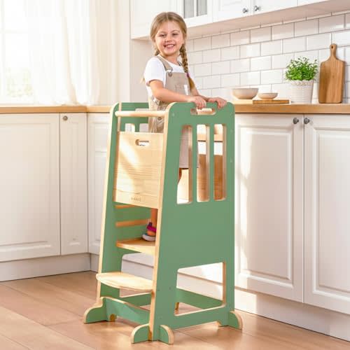 WINGYZ Toddler Tower, Kids Learning Stool Helper with Anti-Tip Design | Natural Wood, for Kids 18M-6Y, 150 lb Capacity, 3-Height Adjustable Platform, Sliding Door, Kitchen Stool, Green