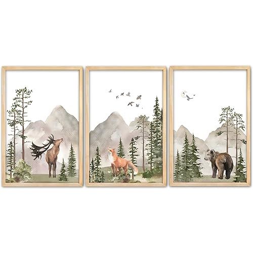 Surfapans Nursery Woodland Animals Sign Wall Decor 24"×16" Set of 3 Deer Bear Fox Posters Watercolor Prints Wood Framed for Children's Room Wall Art (Wood)