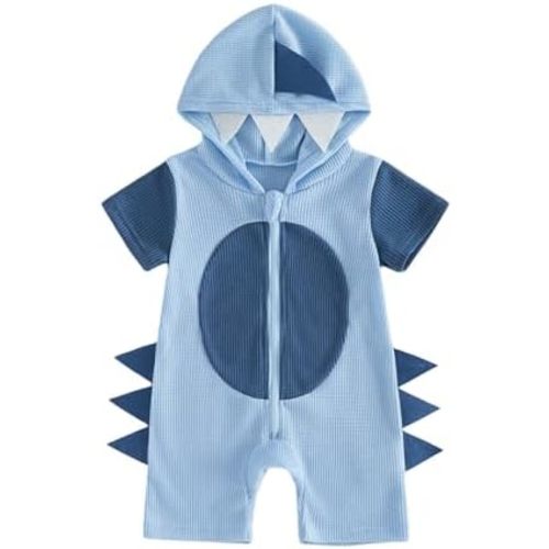 Infant Baby Boy Dinosaur Clothes Outfit Summer Hooded Short Sleeve Contrast Romper Jumpsuit Newborn Waffle Clothes
