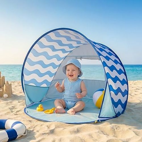 Pop Up Baby Beach Tent - Baby Tent for Toddler Beach Essentials with UPF 50+ UV Protection Canopy, Portable 41.4 x 35.5 x 31.5 in Sun Shade Summer Outdoor for Infants (Blue Wave Stripes)