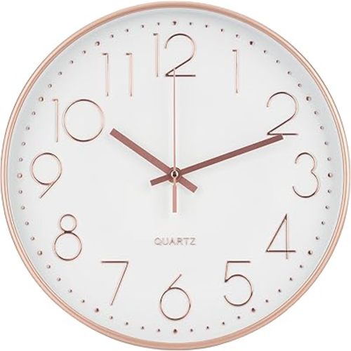 Wall Clock 10 Inch Non-Ticking Silent Modern Simple Style Round Decor Clock Rose Gold Stereoscopic Dial Quartz Wall Clocks for Home/Office/School/Living Room/Bedroom/Kitchen