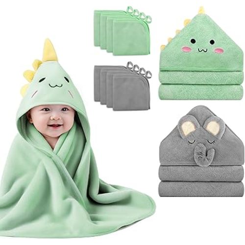 10 PCS Cute Baby Towels Set, 2 PCS Soft Baby Hooded Towels & 8 PCS Washcloths, Baby Bath Towels for Newborns, Infants & Toddlers, Ultra Absorbent, Cute Baby Towel Gift for Boys & Girls