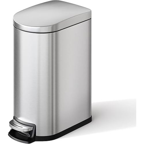 Garvee 2.6 gal / 10 L Stainless Steel Bathroom Trash Can with Lid, Slim Waterproof Garbage Can for Bedroom, Small Step-on Metal Trash Bin with Inner Bucket, Rear Handle, Soft Close Lid, Silver