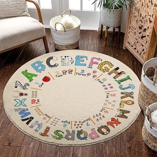 Round Area Rug Vintage Circle Rug Washable Non Slip Low Pile Indoor Carpet, Soft Flannel Round Rugs for Living Room Bedroom Dining Room Kitchen Nursery (Kids Alphabet Number, 47" Round)