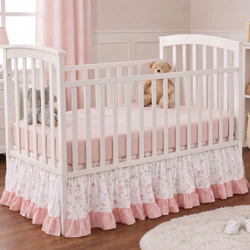 Hahafelt Pink Crib Skirt for Baby Girls Boys, 100% Washed Cotton Bed Skirt | 28" x 52" with 14" Drop Dust Ruffle Crib Skirt, Soft Nursery Bedding, Fits Standard Toddler Cribs, Floral Farmhouse Decor