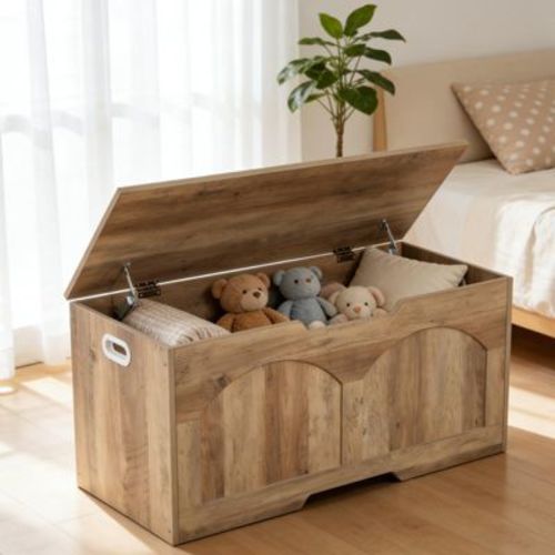 Grey 39.3" Retro Wooden Storage Bench, Heavy-Duty Toy Box Chest with Safety Hinges & 300 lb Capacity for Bedroom