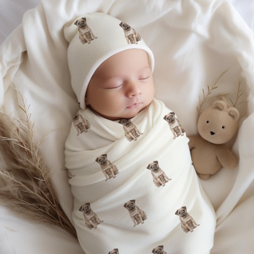 Pug Baby Swaddle Blanket and Beanie Set Newborn Gift Bundle Dog Print Coming Home Outfit Nursery Decor Baby Wrap Hospital Essentials