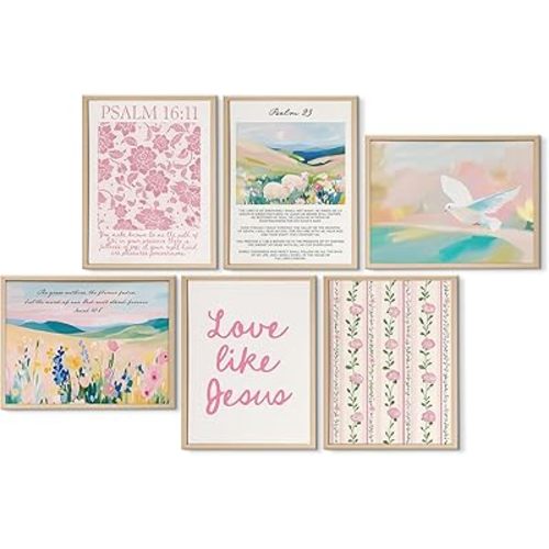 6pcs Blue And Pink Trendy Christian Wall Art Preppy Bible Verse Wall Decor Picture Cute Faith Quote Canvas Print Coquette Jesus Poster Painting Trendy Scripture Artwork For Teen Girls 12x16in Unframed