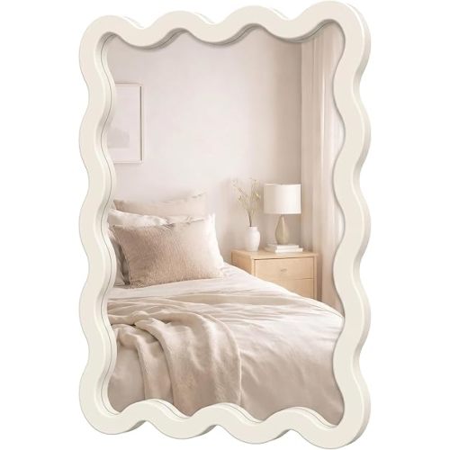 22"x30" White Wavy Wall Mirror for Vanity, Cream Solid Wood Irregular Mirror for Bedroom, Cute Squiggle Mirror for Aesthetic Decor, Small Asymmetrical Curvy Frame