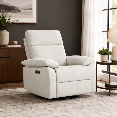Evolur Asher Deluxe Power Recline Glider, Extra-Wide Nursery Recliner Chair with Adjustable Power Headrest, 275° Swivel, USB-A & USB-C Charging Ports, Ergonomic Lumbar Support, FSC Certified, Oatmeal