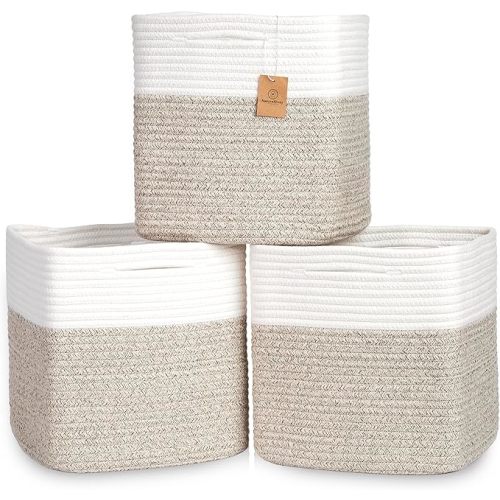 NaturalCozy 13 Inch Cube Storage Bins Cotton Rope Woven Baskets for Organizing 3-Pack | 13 x 13 Storage Cubes | Fabric Square Storage Baskets for Shelves Organizer, Kids Toy Bins, Closet Baby Nursery
