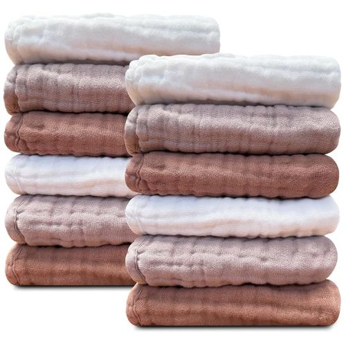 Sunny zzzZZ Baby Muslin Washcloths -100% Cotton Muslin Soft Absorbent Large Baby Bath Wash Cloths for Newborns Kids Girls and Boys -12 Pack, 12x12 Inches - White+Light Bean Paste Series