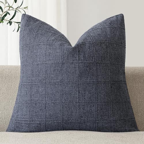 Foindtower Set of 1 Decorative Linen Check Throw Pillow Cover Neutral Farmhouse Vintage Cushion Cover Modern Boho Home Decor for Sofa Chair Couch Bedroom Living Room,18×18 Inch,Navy Blue