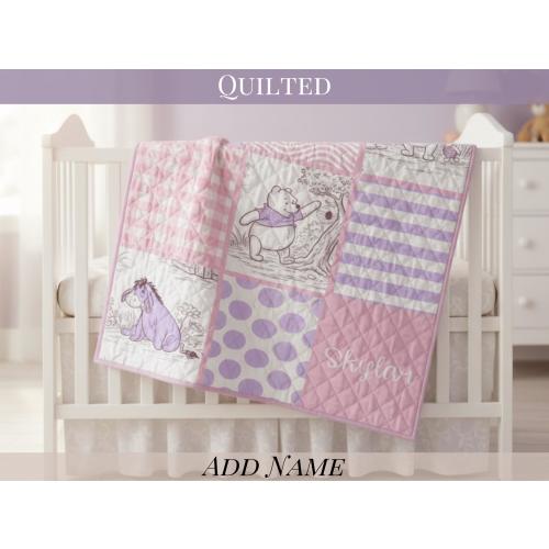 Winnie the Pooh Pink and Lavender Toile Quilt Personalized Girl Name Gift Throw Blanket Custom Baby Name Gifting Idea Birthday Gift for Girl