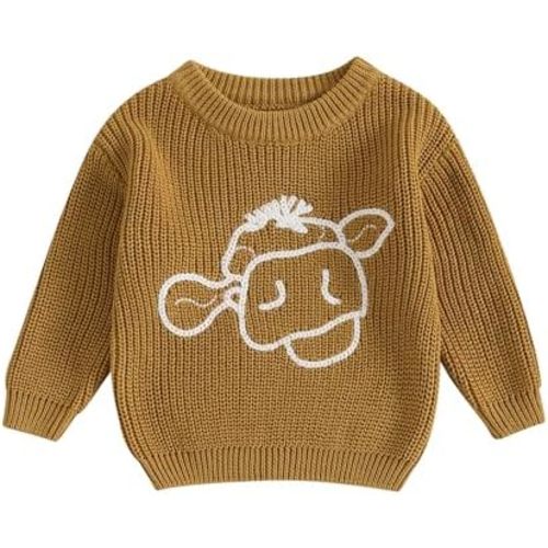Toddler Boy Girl Western Sweaters Infant Baby Cute Highland Cow Embroidery Jumper Long Sleeve Knitted Pullover Tops