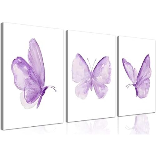3Pcs Butterfly Canvas Wall Art Purple Butterfly Posters Pictures Minimalist Cute Animal Butterfly Paintings Aesthetic Preppy Room Prints for Girls Bedroom Nursery Home Wall Decor Gift Framed