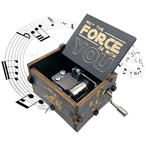 MAD DI Music Box, Wooden Hand Crank Unique Musical Boxes Theme Starwars, Mini Antique Vintage Craft Laser Engraved Home Decorations for Christmas, Wedding, Valentines, Birthday Gifts(Black)