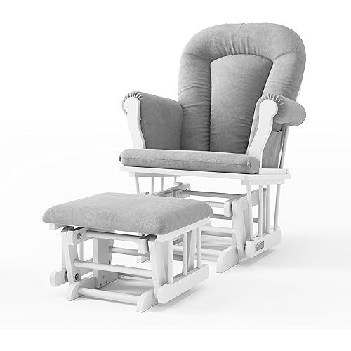 Child Craft Cozy Glider Rocker and Ottoman Set, Smooth Quiet Gliding Motion, Padded Cushion with Convenient Storage Pockets, Solid Wood Base & Frame (Matte White with Light Gray Cushion)