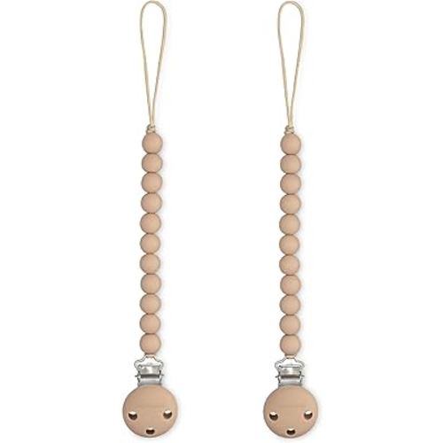 Comfy Cubs Pacifier Clips 2 Pack - 100% Food Grade Silicone Baby Pacifier Clips, BPA & PVC Free - CPSIA Certified, Lightweight and Flexible Baby Gifts - Beige