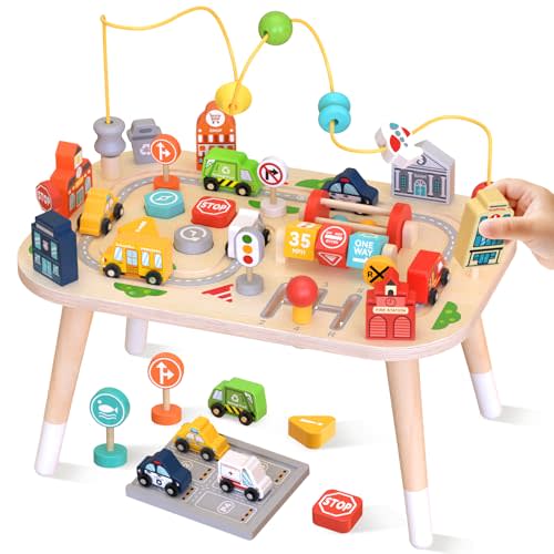 Weilim Montessori Wooden Activity Table for Toddler 1-3, Learning Toys | 9-in-1 Baby Activity Center: Bead Maze, Shape Sorter, Cars, Gears & Traffic Signs. Sensory Birthday Gift for Boys & Girls