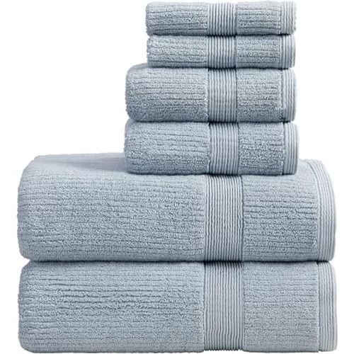 Blue Bath Towels Set of 6 | Ribbed Textured | 100% Combed Cotton | Absorbent Quick-Dry Towels for Bathroom | Oeko-TEX® Standard 100 Cotton | Mauro Collection - Blue Fog