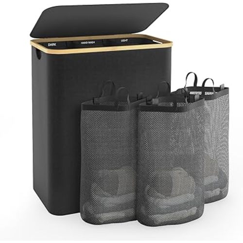 Hampers for Laundry Basket with Lid, 145L Extra Large 3 Section Clothes Divided Organizer for Bedroom, Laundry Room, Dirty Clothing Hamper, Black