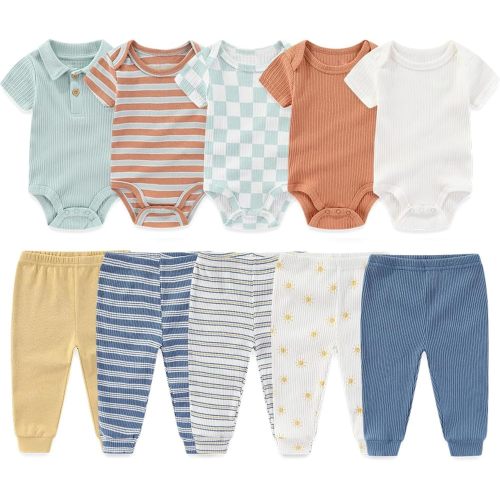 Kiddiezoom Newborn Baby Layette Set 10-Piece with Bodysuits and Pants Set for Unisex Baby Gift Sets