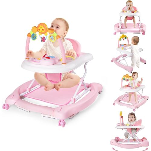 5-in-1 Baby Walker, Baby Walkers for Boys Girls 6-12 Months, Foldable Activity Walker, Toddler Infant Walker with Bouncer, Adjustable Height, Removable Footrest, Feeding Tray, Music