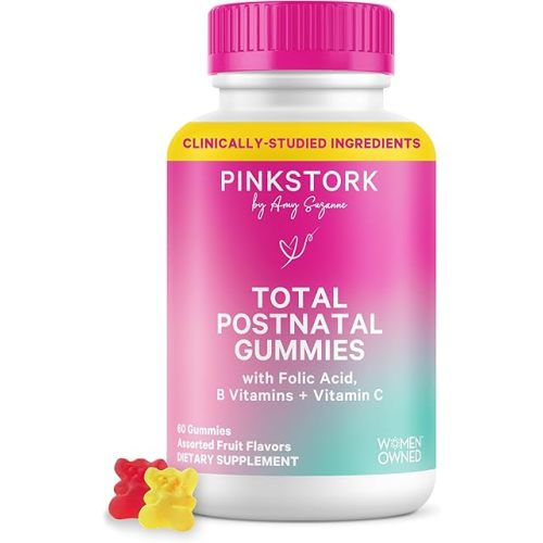 Pink Stork Total Postnatal Vitamin Gummies - Multivitamin for Postpartum Recovery and Lactation Support - Folic Acid, B6, & Vitamin C - Postpartum Essentials - 60 Gummy Vitamins
