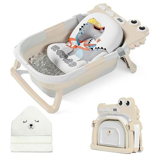 MoreFeel Collapsible Baby Bathtub for Newborn with Thermometer & 1 Hooded Towel & 1 Soft Floating Cushion,Portable Travel Bathtub with Drain Hole, Durable Foldable Baby Tubs for Infants to Toddler