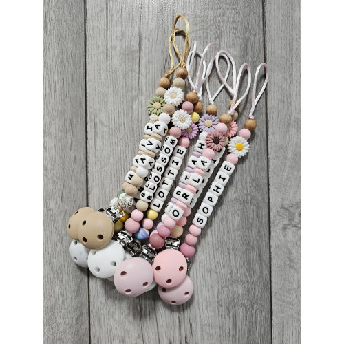 Personalised baby girl dummy clip with name and flower/ personalized pacifier strap for baby girl/ soother holder/ baby shower gift for girl