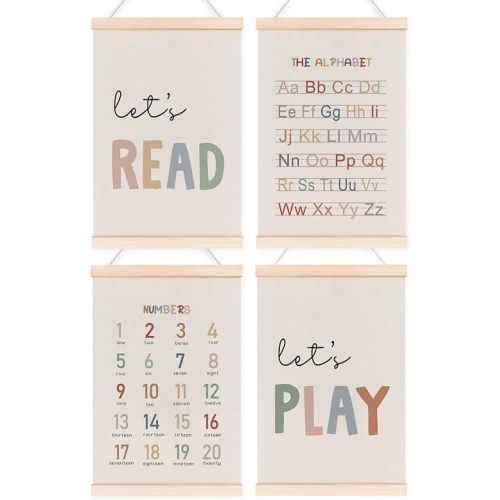 laveliabel Alphabet Numbers Poster Hanger Frame Set of 4, Alphabet ABC Banner Poster with Wood Hanger, Nursery Kids Playroom Wall Decor, Play Sign Wall Art Decor for Toddler Nursery Playroom, 12x16in