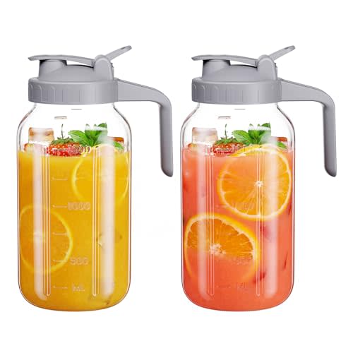 Glass Mason Jar Pitcher, 64 oz Wide Mouth Jug with Pour Spout Handle Lid for Cold Brew Coffee, Ice Beverage, Iced Juice, Lemonade, Sun Tea, Fruit Drinks Container(2Pack Gray)
