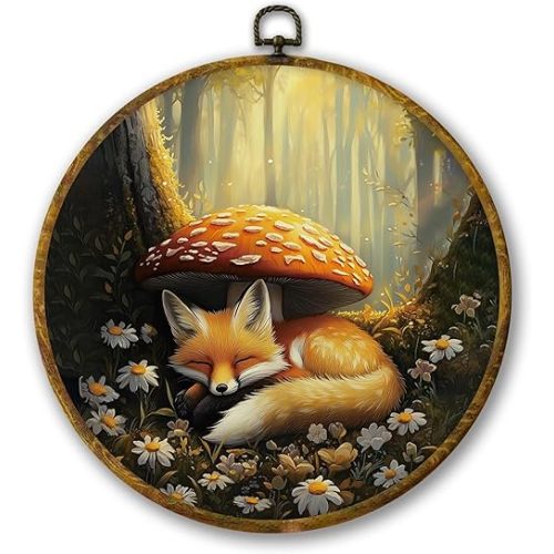 Mcehtle Vintage Mushroom Fox Wall Art Decor, Cottagecore Dark Academia Botanical Framed Canvas Prints 10x10, Retro Woodland Forest Scene Round Wall Hanging Artwork Decorations for Bedroom Living Room