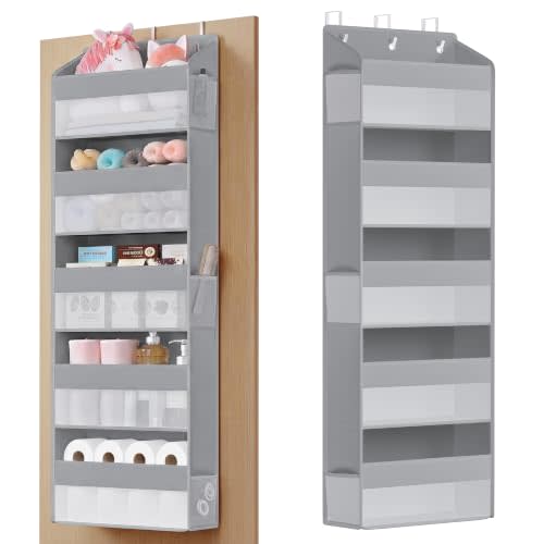 SONGMICS 5-Tier Over-the-Door Organizer, Extra Large Hanging Storage Shelf | Heavy-Duty door storage, Foldable, Transparent Pockets, Metal Hooks, Dove Gray, TINA Collection URDH010GD01