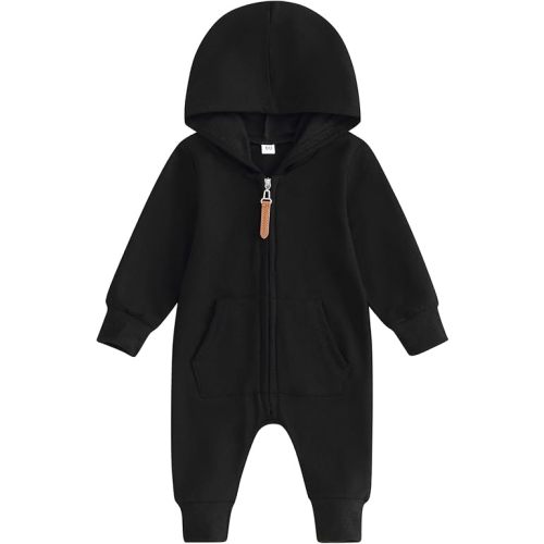 allshope Newborn Baby Boy Girl Fall Outfit Romper Long Sleeve Hooded Solid Zipper Jumpsuit Bodysuit Infant Clothes