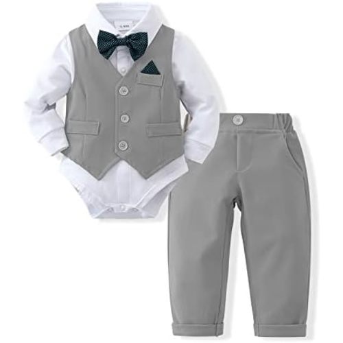 DISAUR Baby Boy Clothes Toddler Boy Outfits 4PCS Gentleman Dress Romper/Vest/Pants/Bow Tie Cotton Suit Sets