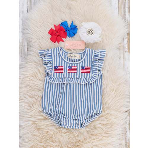 Stripes of Freedom Embroidered Cotton Ruffle Romper