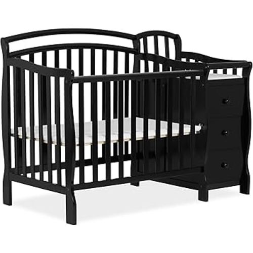 Dream On Me Casco 3-in-1 Mini Convertible Baby Crib & Changer with Storage in Black, Pinewood, GreenGuard Gold & JPMA, 1” Mattress Pad, 3 Mattress Heights, Converts to Mini Day & Twin-Size Bed