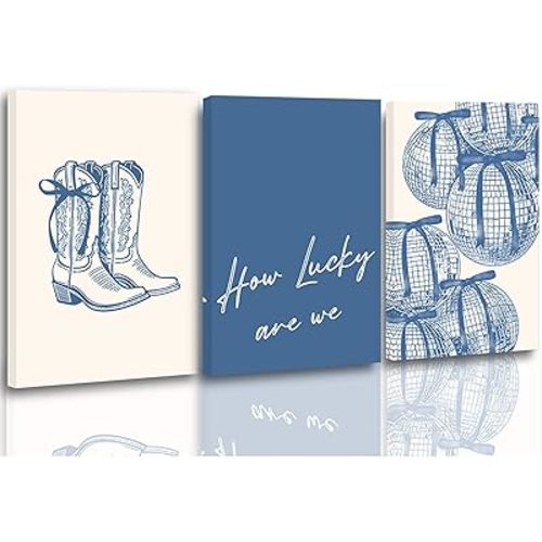 3 Pcs Blue Coastal Cowgirl Canvas Wall Art Disco Bows Posters Print How Luck Are We Picture Western Cowgirl Wall Decor for Girls Room Bedroom Living Room Bathroom Decoration 16*24In (Stretched Canvas On A Wooden Frame)