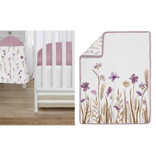 Sweet Jojo Designs Girl Baby Crib Bedding Set - Watercolor Floral Garden Purple and Taupe 4pc